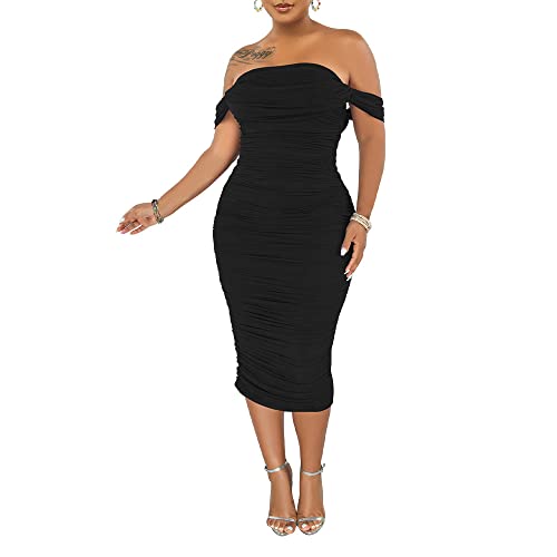 PINSV Women Ruched Off Shoulder Dress Bodycon Party Elegant Midi Dresses3
