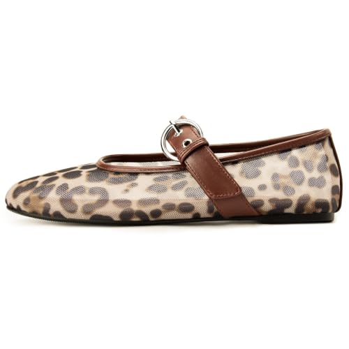 Gothictor Women's Mesh Ballet Flats Round Toe Leopard Mary Jane Shoes 8.5
