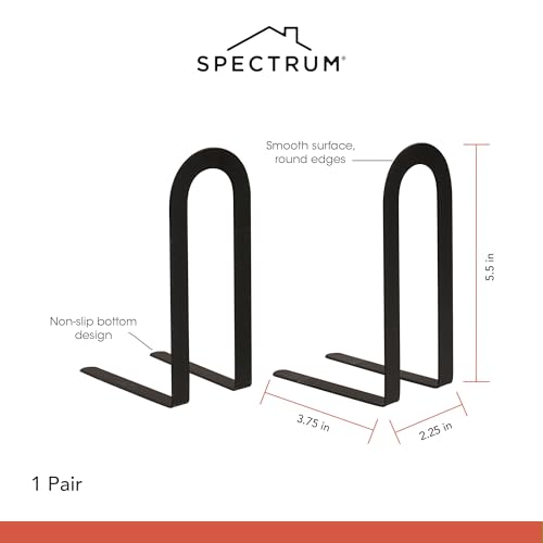 Image of Spectrum Elements Small Modern Bookends Decorative Bookshelf Organizer for Heavy & Light Books Records & More, Modern Metal Bookends with Minimalist Design Book Holder Organization, Black
