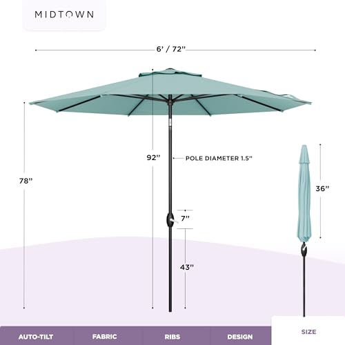 Image of Midtown Umbrellas - 10-Year-No-Fade 6 Ft Patio Umbrella with Terylast Fabric, Auto-Tilt Aluminum Frame and 8 Reinforced Ribs for Deck, Pool, Garden & Beach - Aqua Canopy, Black Pole