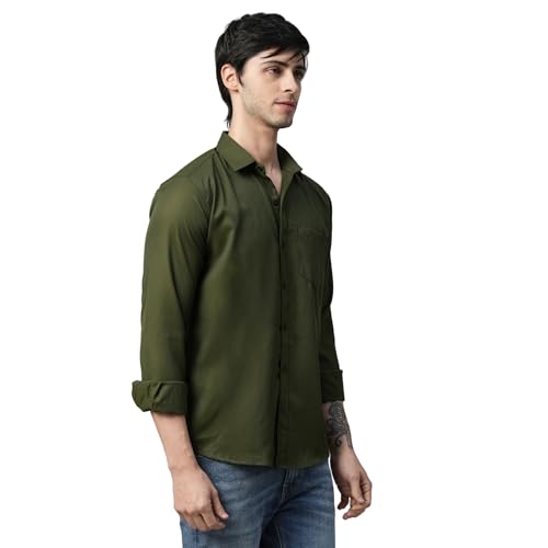 Image of Men's Army Green Regular Fit Casual Shirt | Solid Cotton Blend Full Sleeve Shirt for Office, Party