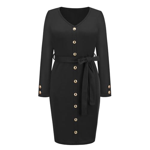 Damen Freizeit V-Ausschnitt Button Down Bodycon Geripptes langärmeliges Party Mini Mantelkleid Bindeband Shirt Bleistiftkleid (EU Größe S Asia...