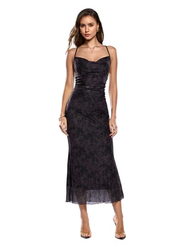 Image of SOLY HUX Women's Floral Mesh Bodycon Cami Dress Cowl Neck Sleeveless Cocktail Party Wedding Guest Long Maxi Dresses