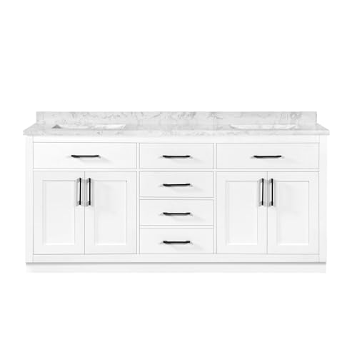 Image of OVE Decors Athea 72 in. Double Sink Freestanding White Bathroom Vanity with White Engineered Marble Top, Matching Backsplash, Power Bar and Matte Black Hardware