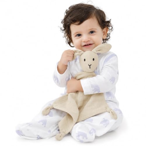 Image of ZIGJOY Muslin Bunny Lovey, Lightweight Cotton Security Blanket, Khaki | Soft, lightweight and easy for little hands to grasp, cuddle and carry at home or on the go.