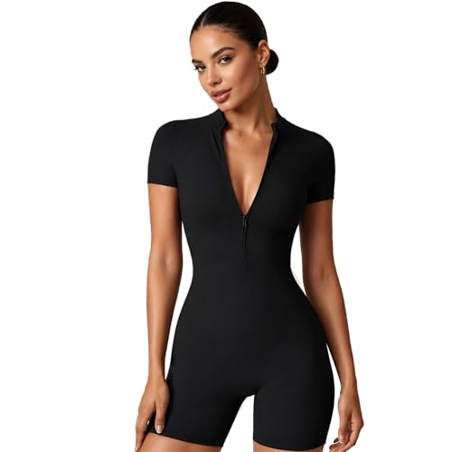 QFE Women Bodysuit Zip Tummy Control Yoga Workout Work Out Gym Sets for Athletic Rompers Romper Leotards One Piece Jumpsuits Outfit Body Suits Shorts Sleeve Stretch Neck Ribbedsuits Sexy Black Medium