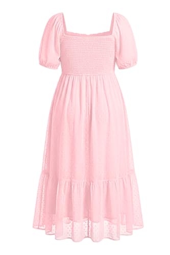 Image of Plus Size Summer Dresses - Swiss Dot Smocked Square Neck Puff Sleeve Boho Maternity Maxi Dress for Baby Shower Wedding Guest