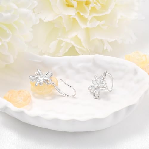 Sterling Silver Flower Earrings for Women - Sparkle Cubic Zirconia Flower Drop Dangle Earrings for Sensitive Ears Hypoallergenic Lightweight Dainty Floral Dangling Earring Jewelry Gifts for Her3