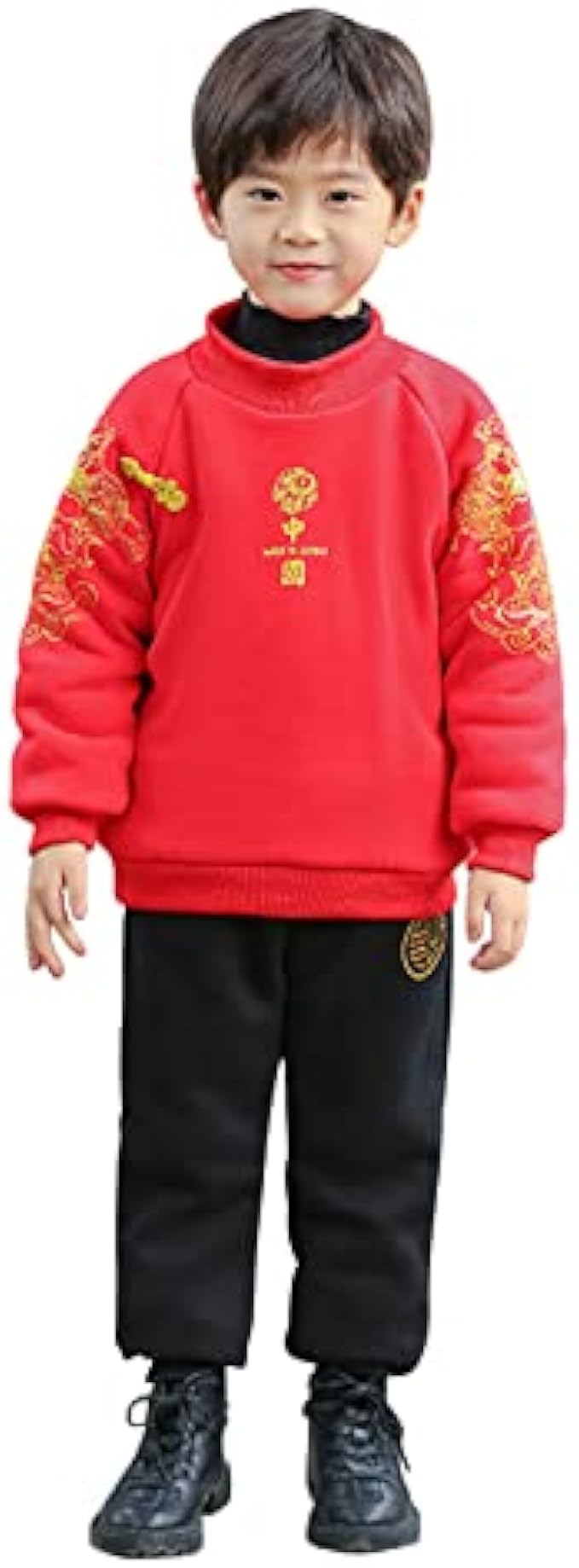 synia Toddler Kids Boy Girl Spring Festival Cotton Autumn Thick Fleece Lined Sweatshirt Tops Pants Clothes (Red, 6-7 Years)