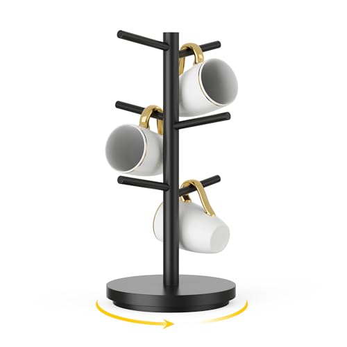 Wisuce Black Bamboo Mug Tree, Enhanced Holder with 360° Rotating Base, Coffee Cup Stand with 8 Hooks for Countertop Coffee Mug Rack Organizer (Rotated 6 Hooks)