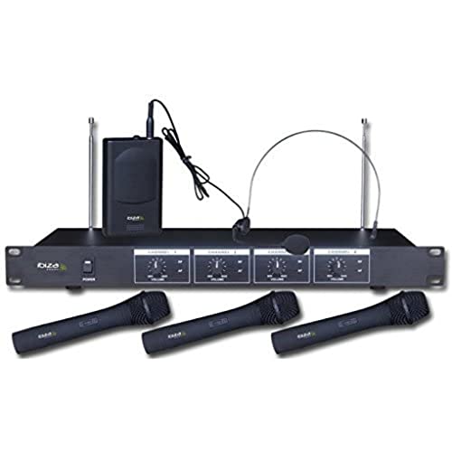 Ibiza VHF4 Système de Micro sans Fil avec 3 Micro Main VHF, 1 Micro de tête VHF et 1 récepteur - 4 canaux 202.1, 203.5, 205.8 & 207.5MHz - Noir