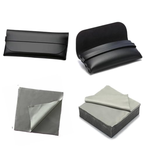 Kit 06 Estojos Case para Óculos Couro Sintético Preto com Revestimento Interno Capa para Óculos de Sol Armação com Flanelas Inclusas (Escolha a Cor da Flanela) (Flanelas Cinzas Estojos Pretos)
