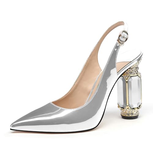 Image of JANSEVEN Women Chunky Heels Pumps Crystal Block Heels with Rhinestones Pointed Toe Sexy Gradient Patent Leather Slip on Bridal Party Wedding Dress Shoes 5-13 M US