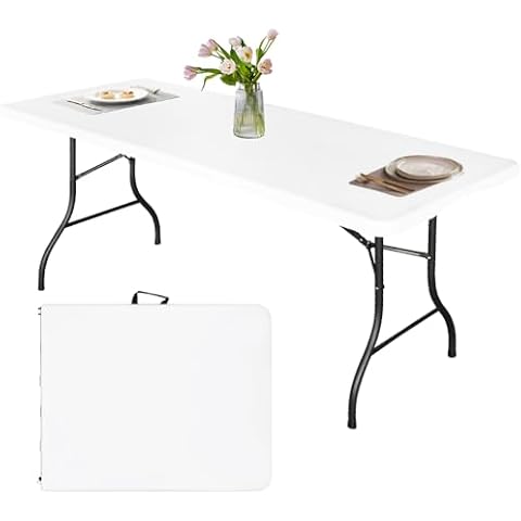Bblife 6FT Folding Tables Heavy Duty Folding Table, Multi-Functional Fold up Table for Outdoor Camping Picnic Parties, Indoor Events White Training Table with 330lbs Static Weight Capacity Cover