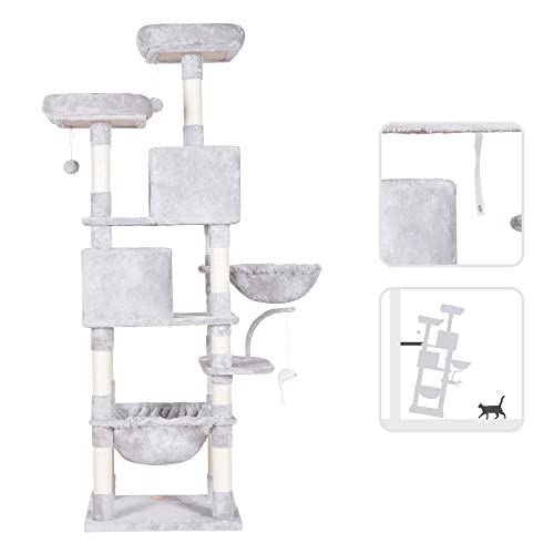 Image of Heybly Cat Tree, 70 inches Tall Cat Tower for Indoor Large Cats HCT032W | Big Cat Condo with Toy , Cat House Furniture with Padded Plush Perch, Cozy Hammock and Sisal Scratching Posts, Light Gray