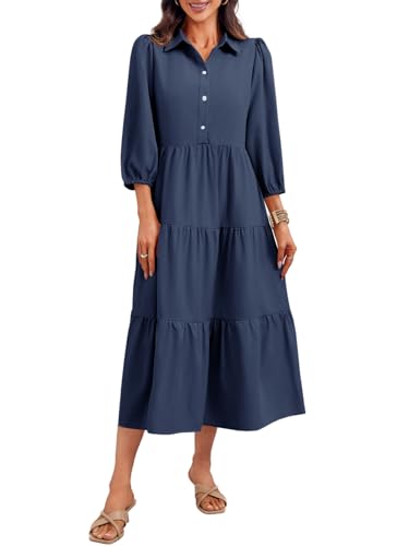 Wenrine Womens Casual 3/4 Sleeve Shirt Dress Button Down V Neck Tiered Collared Flowy Maxi Dress
