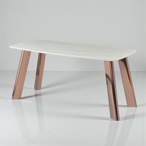 Image of The Attic Modern Dining Table, White Faux Marble Top & Polished Rose Gold /Copper Metal Legs, Rectangular 6 Seater Dining Table Kitchen or Office Table