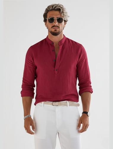 Image of Men's Cotton Blend Straight Kurta Shirt with Mandarin Collar - Slim Fit Casual Short Kurti Featuring Textured Slub Fabric and Roll-Up Full Sleeves