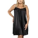 Italian Fashion Dame Nachthemd Satin Glatt Spitze Schleife Nachtwäsche Dotyk, Schwarz,L