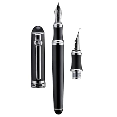 Lanxivi Duke D2 Fountain Pen Black Silver Trim Fine Nib with Additional Fude Nib (Bent Nib) and Converter Calligraphy Art Pen Set