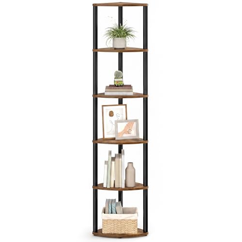 SONGMICS HOME Superschnelle werkzeuglose Montage Eckregal mit 6 Ebenen Standregal Regal 38 3 x 27 x 173 5 cm Wohnzimmer Schlafzimmer Küche vintagebraun-tintenschwarz LBC660KD01