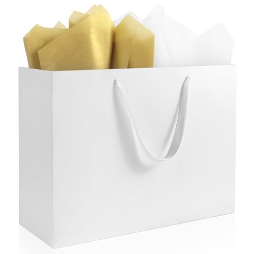 Ethhqu 3 Pack Extra Large White Gift Bags with Handles 16x6x12 Inches - Includes 6 Tissue Papers for Birthday Wedding Shopping Business Thanksgiving Christmas&Holiday (White Extra Large-3 Pcs)