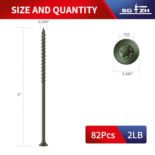 Image of #10 x 5 Deck Screws (82Pcs) 2lb. Exterior Wood Screws. Carbon Steel, Green, Flat Head, Rust Resistant epoxy Coated, with T25 Star Bit