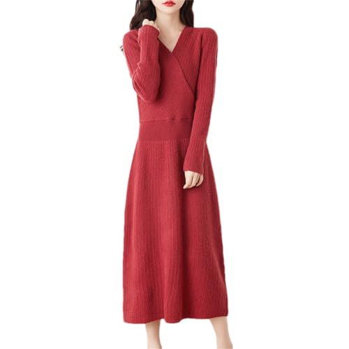 Vestido de suéter de lana de mujer con falda larga de punto y cuello en V Hamthuit