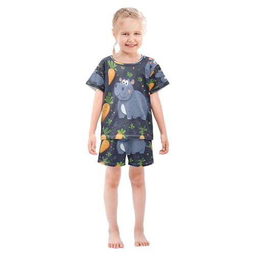 Pajama Sets Short Sleeve Cute Hippo with Carrots Soft Cotton Summer Sleepwear 2 Piece PJS Size 5-14T4