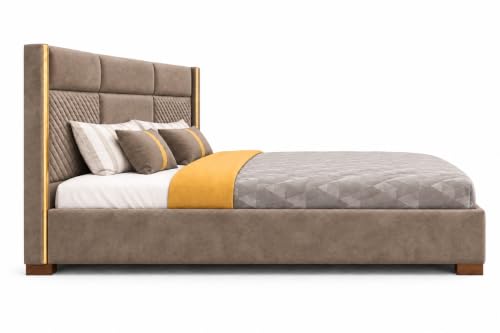 Image of Royal Modern Upholstered King Size Bed with Hydraulic Storage for Bedroom | Wooden Double Beds for Home & Hotels | Platform Cot Bed with Upholstery Fabric, 6.5 x 6 Ft | Sheesham, Brown