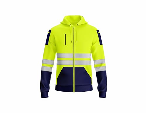 shelikes Mens Hi Vis Viz Jacket High Visibility Coat Two Tone Hooded Sweatshirt Zip Up Hoody Safety Work Top