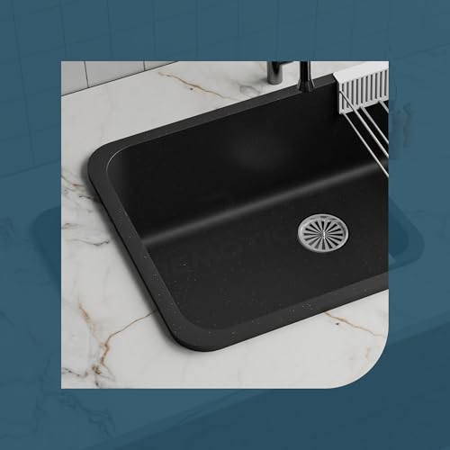 Image of REMOTION Granite Quartz Singke Bowl Kitchen SInk | Matte Finish Kitchen Sink With Drain Board and Drainer Basket | Modern Sink for Kitchen (31 x 19 x 9 Inch) (Black)