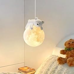 Lampara Araña Infantil Lámpara colgante de luna de oso durmiente Lámpara colgante de luna 3D Lámpara de techo junto a la cama Lámpara colgante de luna creativa Lámpara decorativa para dormitorio, habitación de niños