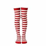 A2Z 4 Kids Gestreifte Strümpfe für Mädchen und Jungen, schwarz-weiß, Halloween-Kostüm, Zubehör, Overknee-Socken, weiches dehnbares Polyester, Hexen-Clown-Piraten-Thema, für 4–14 Jahre, rot / weiß, 9