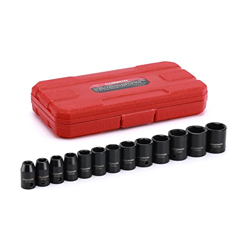CASOMAN 13 Pieces 3/8-Inch Drive Impact Socket Set 6-Point Metric Shallow CR-V 7mm to 19mm Heavy Duty Blow Molded Storage Case