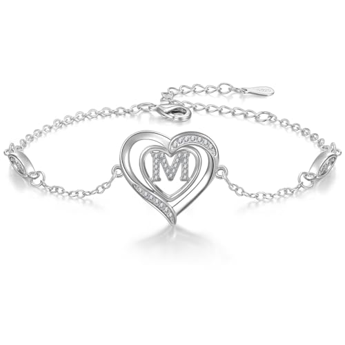 Cosie Lily Pulseira de mulher, prata de lei 925 com coração inicial A-Z presentes joia, aniversário dia dos namorados Natal dia aniversário mãe, mãe esposas irmãs pulseira prata, Prata esterlina