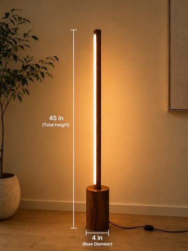 Image of Modern Wooden LED Floor Lamp for Living Room, 45 Inch Ambient Standing Lamp with Warm White Integrated LED, Natural Wood Finish, Minimalist Corner Floor Light for Bedroom, Office & Home Decor