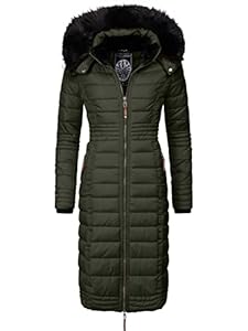 Navahoo Damen Wintermantel Warmer Steppmantel lang mit Kapuze Umay Olive Gr. M