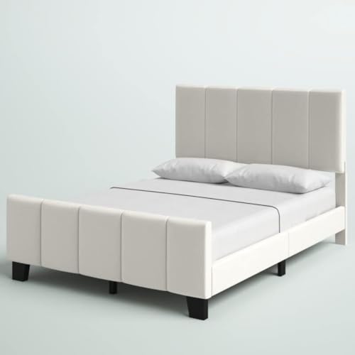Image of upholstered beds | Bed King Size | Bed Without Storage | Wooden Platform Bed | Platform Bed King Size | Mattress not Included | Finish Color:- Ivory