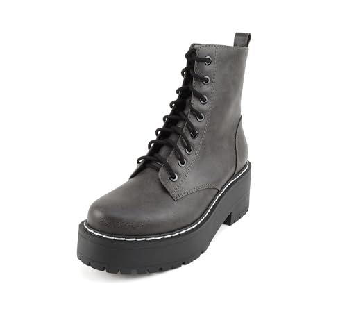 Image of Soda FLING Women Chunky Lug Sole Lace up Fashion Combat Ankle Boot w /Side Zipper