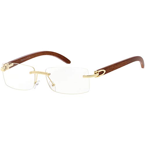zeroUV Dapper Rimless Metal Accent Wood Arm Square Lens Blue Light Glasses 56mm (Wood Gold)2