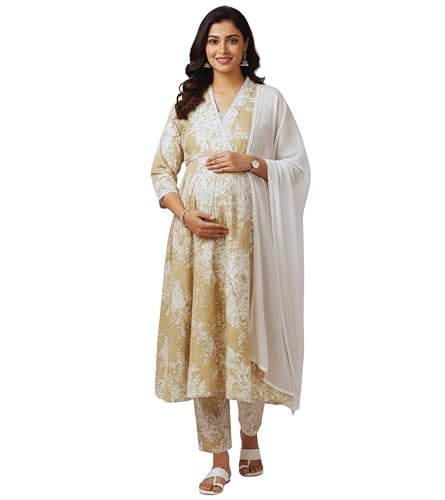 Image of DUMMY SHAPE Maternity Dresses for Women Cotton | Floral Kurta Pant Dupatta Set with Nursing Zippers, Side Pocket | Pre & Post Pregnancy | Feeding Kurti Suit | Baby Shower | Gifts for Pregnant Woman