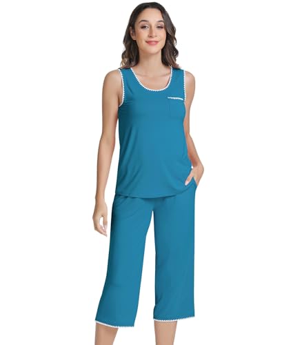 Image of NACHILA Pajamas for Women-Viscose Made from Bamboo, Sleeveless Pjs Tank Top Capri Pants Pajama Sets Cooling Sleepwear