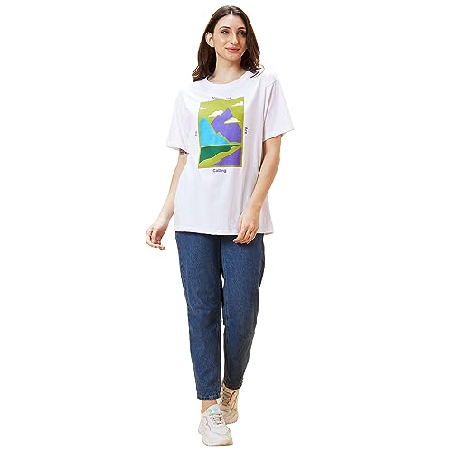 Image of Globus Women Ivory Typography Print Round Neck Oversized Casual T-Shirt-3638185004