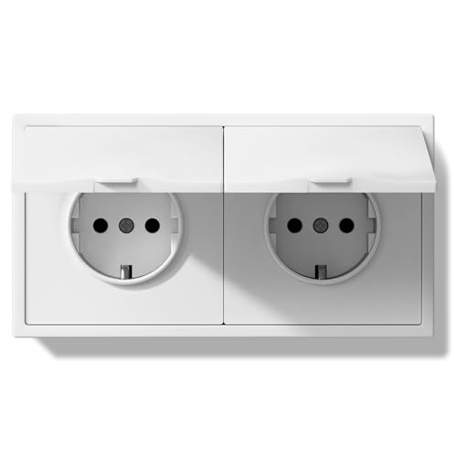 BSEED 2 Fach Steckdose Unterputz mit Wasserdicht Abdeckung, 250V 16A Aussensteckdose mit PC Rahmen, Wandsteckdose mit Krallen Für Feuchträume Badezimmer, Weiß