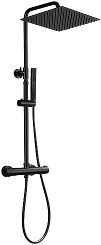 JOHO Thermostat Duschsystem aus Edelstahl, Regendusche Duschset mit Mischbatterie Duscharmatur matt schwarz(XXL Kopfbrause 30x30cm)