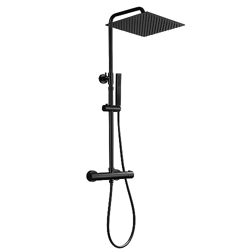 JOHO Thermostat Duschsystem aus Edelstahl, Regendusche Duschset mit Mischbatterie Duscharmatur matt schwarz(XXL Kopfbrause 30x30cm)