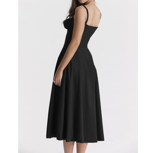 Image of Floral Corset Midi Dress Square Neck A Line Dress with Slit | Square neck floral midi dress with front tie bust wide straps A-line skirt side slit and lightweight fabric