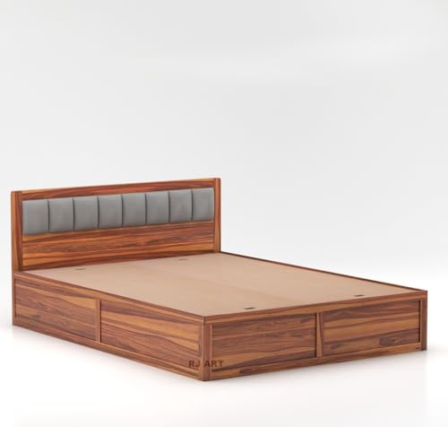 Image of Wooden Queen Size Bed with Storage | Double Bed Cot Bed with Box Storage & Upholstered Cushioned Headboard for Bedroom | Sheesham Wood, Teak Finish, Recommended Mattress | Size: 78 X 60