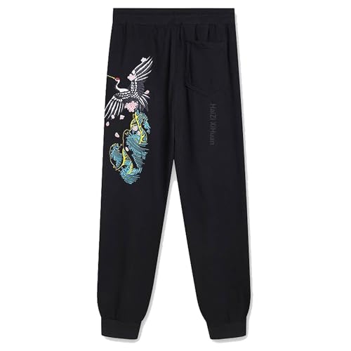 Men's Chinese Crane Cherry Blossom Embroidered Pants Baggy Black Casual Pants Cotton Athletic Pants Summer Pants2